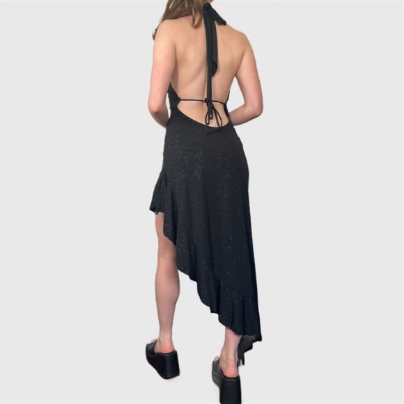 Vintage Y2K Halter Dress, 00s Black Sparkly Sexy Asymmetrical Formal Dress - Picture 9 of 10
